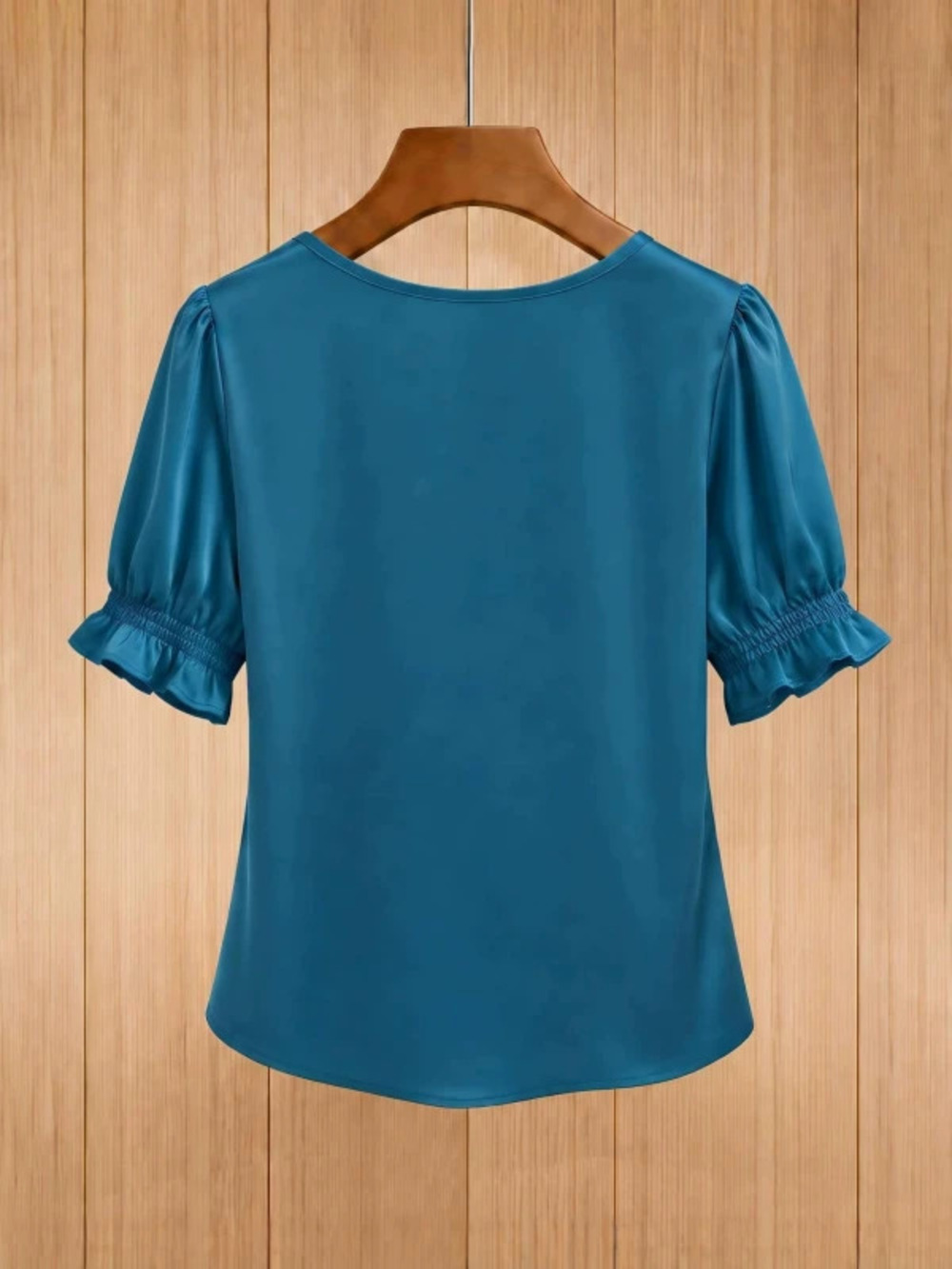 ZARA Womens Satin V Neck Puff Sleeve Short Blouse With Mushroom Button Detail
